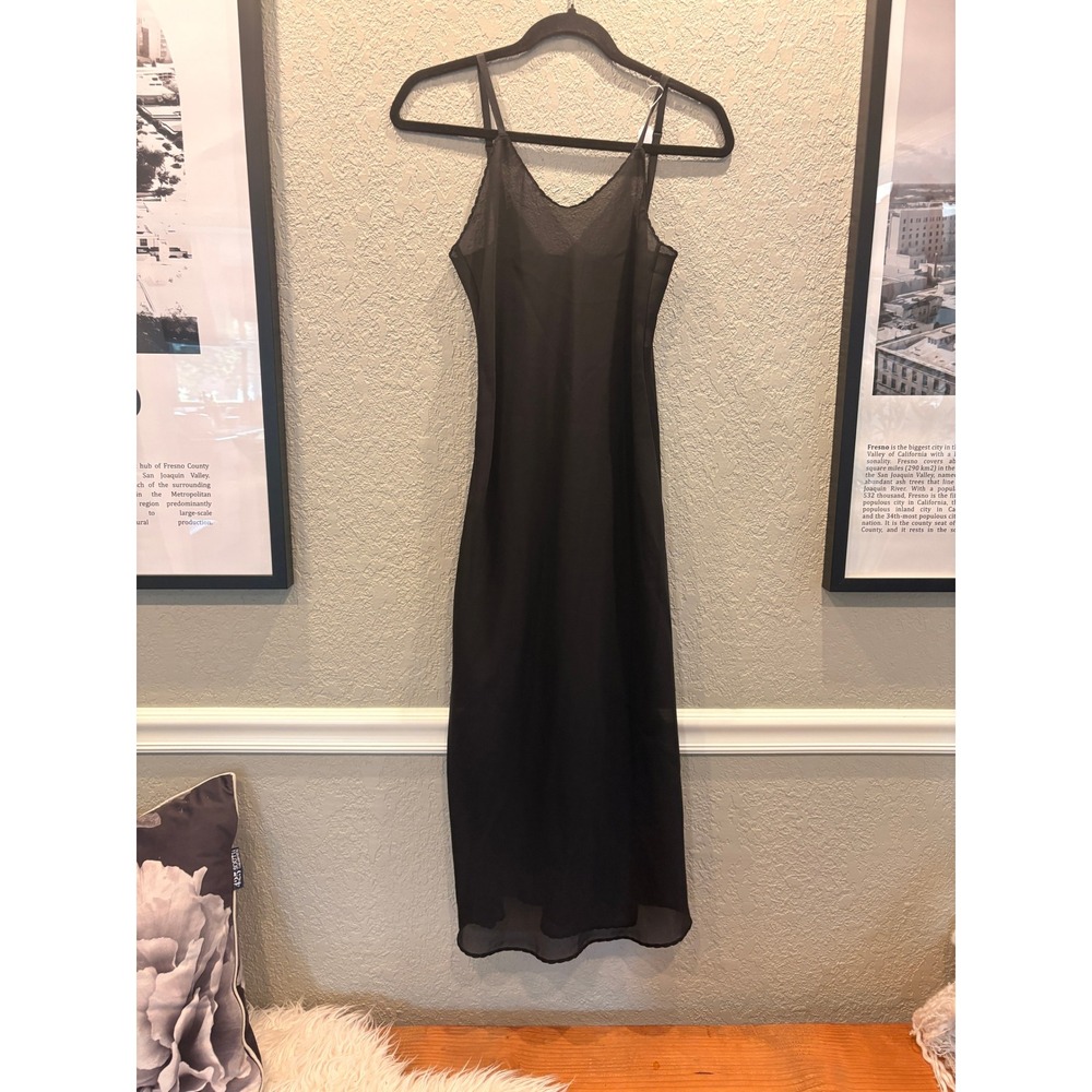 Black Chiffon Maxi Slip Dress V-Neck Adjustable Spaghetti Straps Scalloped Trim‎